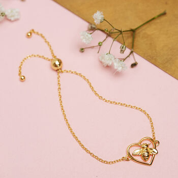 Bee Love Heart Bracelet 18ct Gold Plated Eco 925 Silver, 2 of 4
