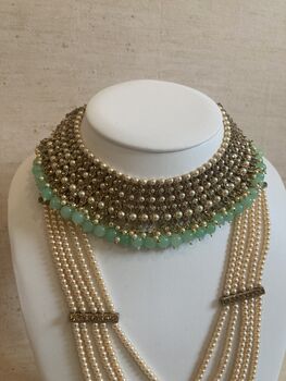 Indian Antique Gold Plated Mint Green Pearl Mala Set, 5 of 9