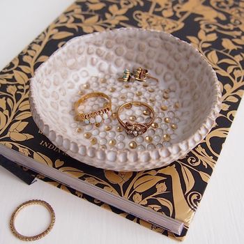 Handmade Oatmeal White Ceramic Ring Dish With Gold Dots, 3 of 6