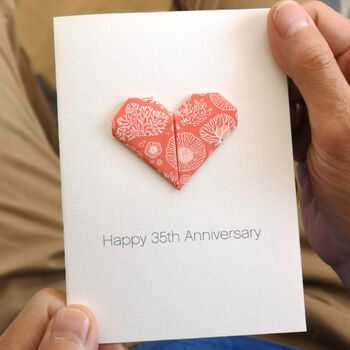 Personalised 35th Coral Anniversary Origami Heart Card, 2 of 7