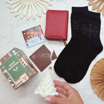 Red Purse, Festive Socks And Chocolate Christmas Gift For Her With Optional Christmas Tree Candle, 2 of 10