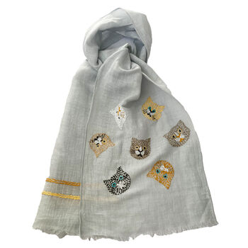 Hand Embroidered 100% Linen Scarf With Cat Face Design, 2 of 6