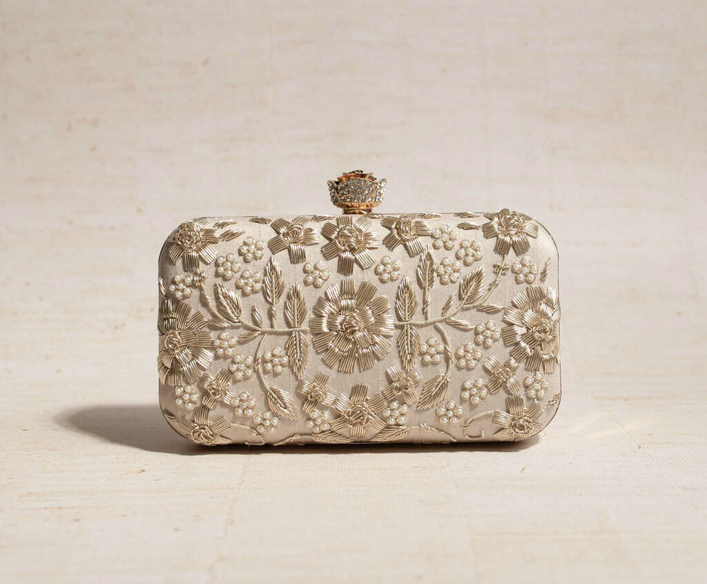 Asha Nude Silk Embroidered Clutch, 1 of 2