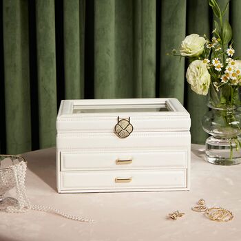 Three Layers White Jewellery Box With Glass Cover, 3 of 6