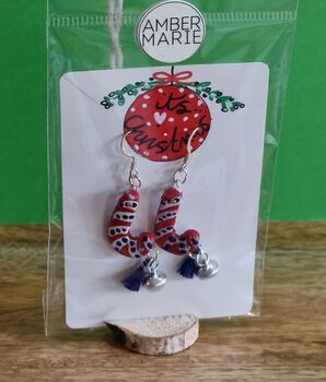 Painted Festive Elf Candy Cane Earrings With Stand, 5 of 9
