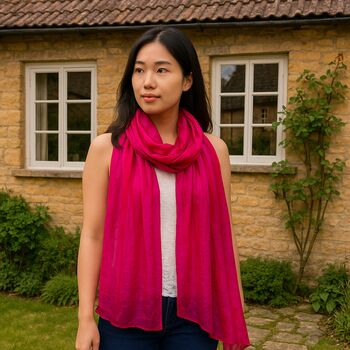100% Mulberry Silk Scarf, Hot Pink With Red Stripes In Gift Box, 2 of 7