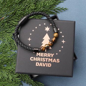 Christmas Personalised Tiger Eye Stone Leather Bracelet For Men, 5 of 9