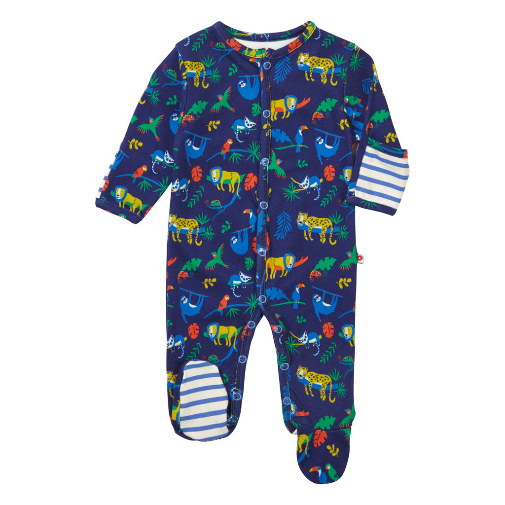 Unisex Navy Blue Safari Baby Footed Sleepsuit By Piccalilly ...