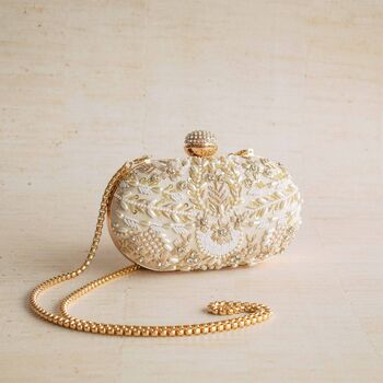 Aashna Dull Ivory Silk Oval Bridal Clutch, 3 of 5