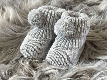 Grey Knitted Baby Booties With Pom Pom, 4 of 8
