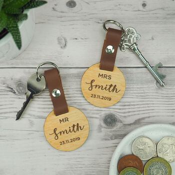 Personalised Mr And Mrs Wooden Keyring Pair For Couples, 2 of 7