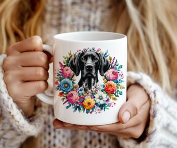 Personalised White And Black Shorthaired Pointer Summer Floral Dog Wreath Cushion And Mug Bundle, 3 of 4