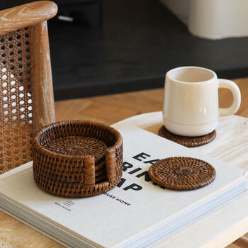 Marbury Brown Round Rattan Coasters Set Of Six, 4 of 5