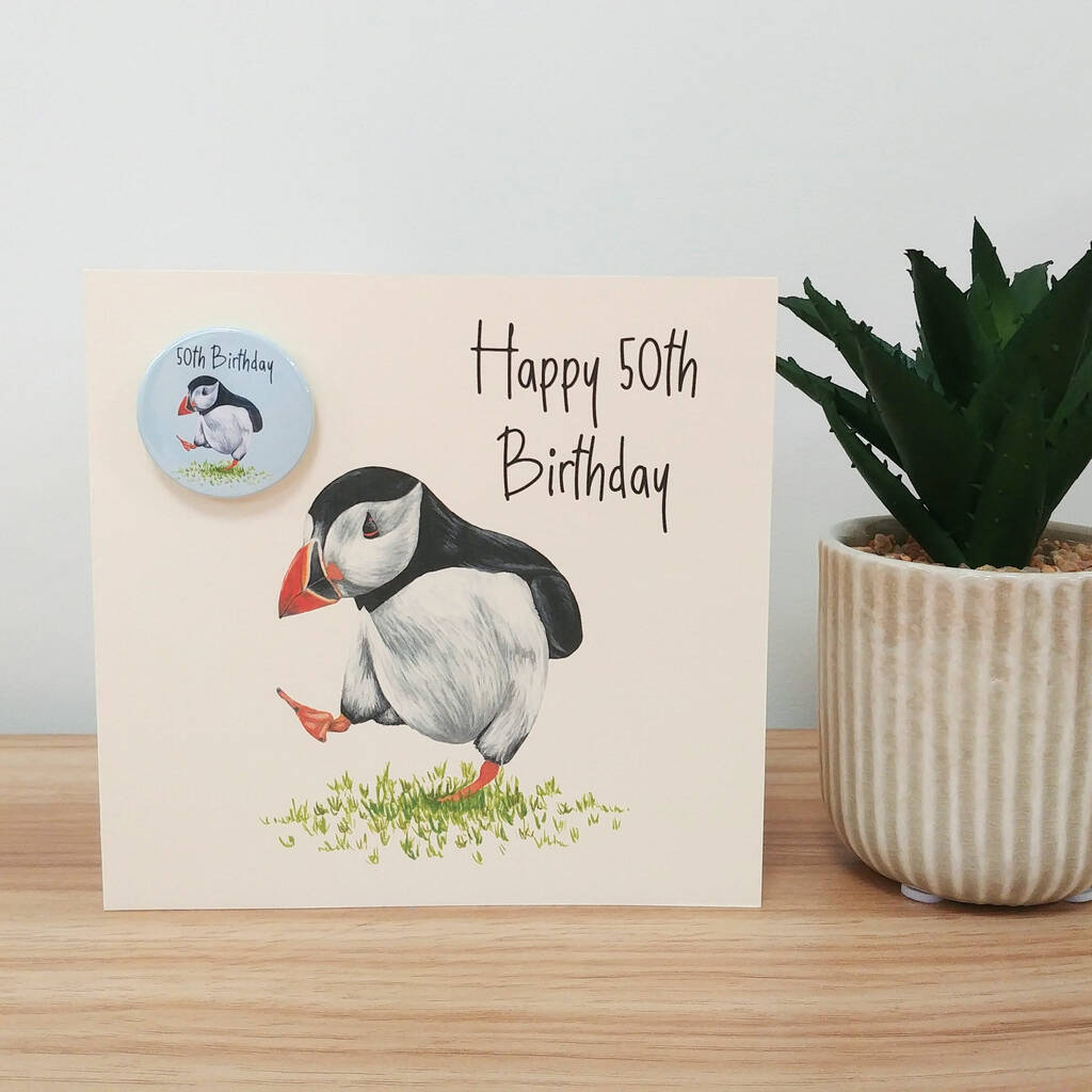 Dancing Puffin Birthday Card With Badge By Laura Stanley Designs