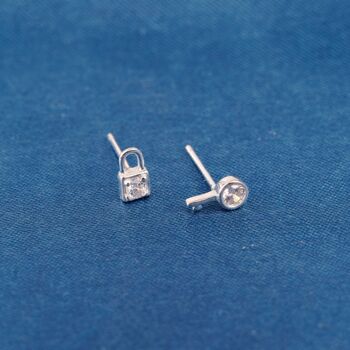 Dainty Cz Stone Padlock And Key Stud Earrings, 925 Sterling Silver, 7 of 8