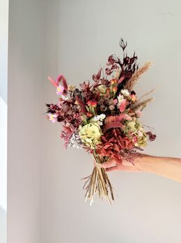 Dried Acer And Hydrangea Bouquet In Red Pink Tones, 2 of 6
