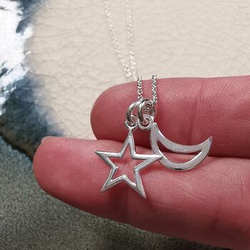 Moon And Star Outline Silver Necklace, 3 of 4