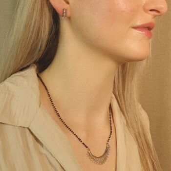 Silver Zircon Mangalsutra Black Bead Earring And Necklace, 3 of 8