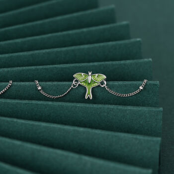 Sterling Silver Green Enamel Luna Moth Bracelet, 2 of 11