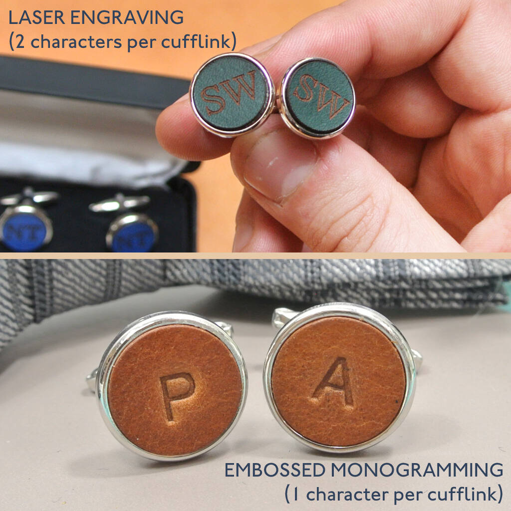 men's personalised leather cufflinks by the british belt company