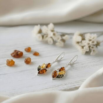 Tricolour Baltic Amber And Silver Leaf Drop Earrings, 2 of 3