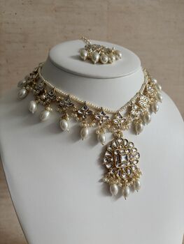 White Gold Kundan Pearl Set Necklace, Earrings And Tikka, 8 of 12