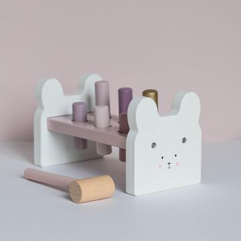 Personalised Wooden Pink Bunny Hammer Bench Toy, 5 of 12