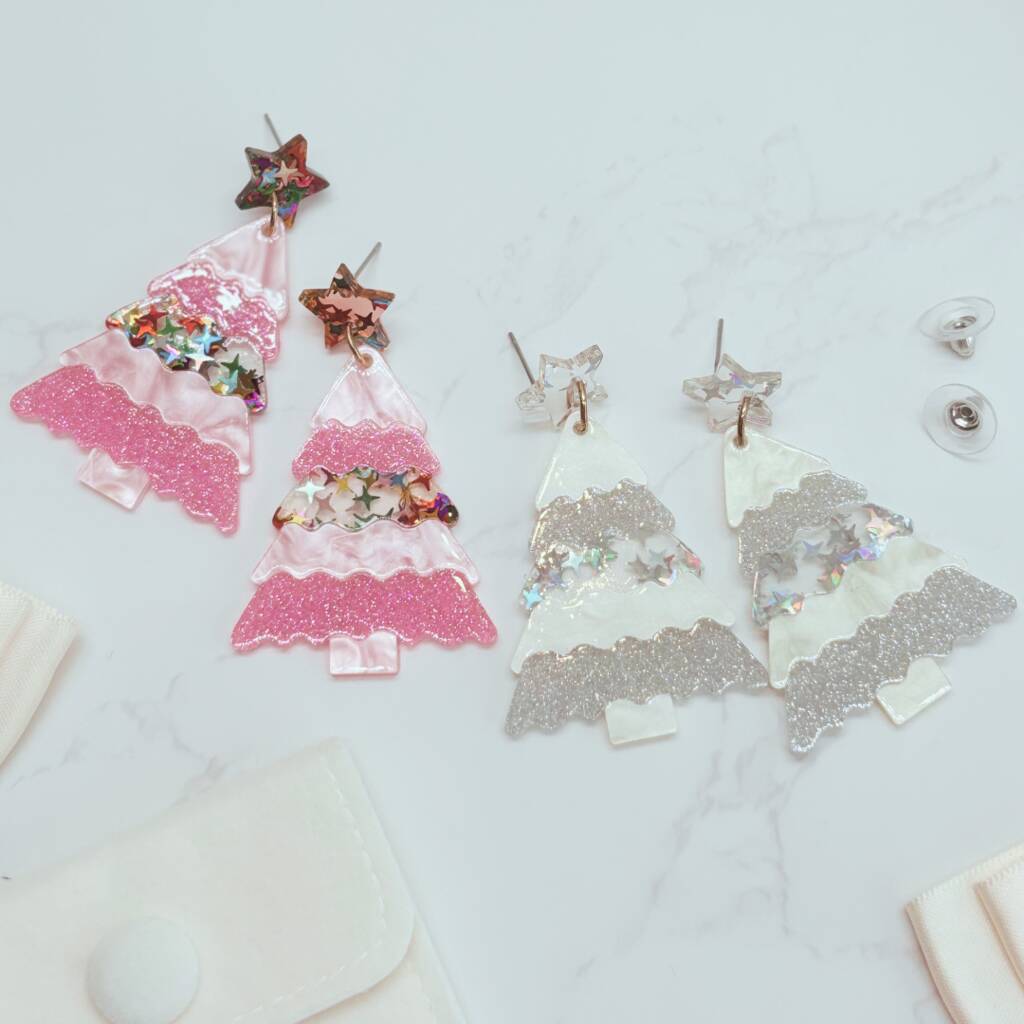 Glitter Christmas Tree Earrings – Festive Jewellery In Velvet Pouch Limited Edition Choice Of Two Colours, 1 of 9