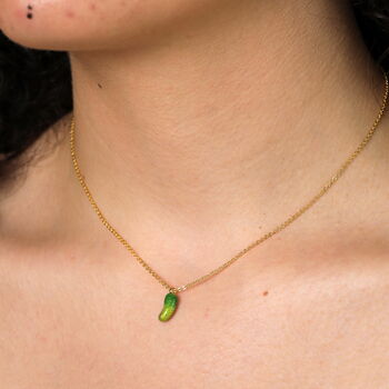 Green Enamel Pickle Pendant Necklace In Gold Plating, 3 of 5