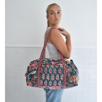 Block Printed Pine Green, Red And Mustard Floral Quilted Duffle Bag, 3 of 9