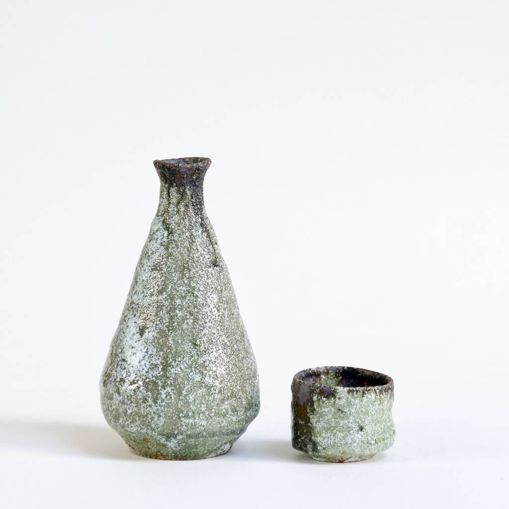 Set Of Japanese Sake Bottle And Cup By Two Persimmons