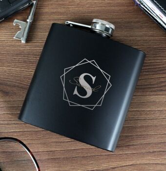 Personalised Geometric Initial Black Hip Flask, 2 of 6
