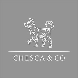 white geometric dog image with chesca & co text & a grey back ground