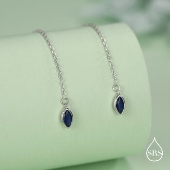Tiny Sapphire Blue Marquise Cz Threader Earrings In Sterling Silver, 3 of 11