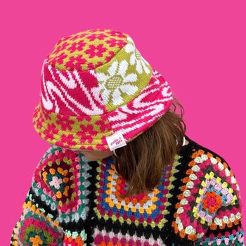 Knitted Patchwork Pink And Green Bucket Hat, 2 of 7