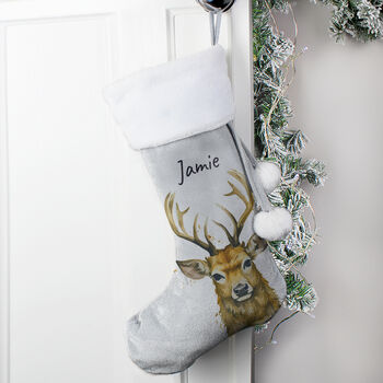 Personalised Stag Silver Grey Luxury Christmas Stocking, 2 of 4