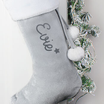 Personalised Name Star Silver Grey Christmas Stocking, 3 of 4