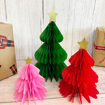 Christmas Honeycomb Tree Decorations Green, Red And Pink Set Of Three, 4 of 4