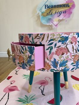 Pink And Green Floral Round Wooden Bedside Table, 2 of 8