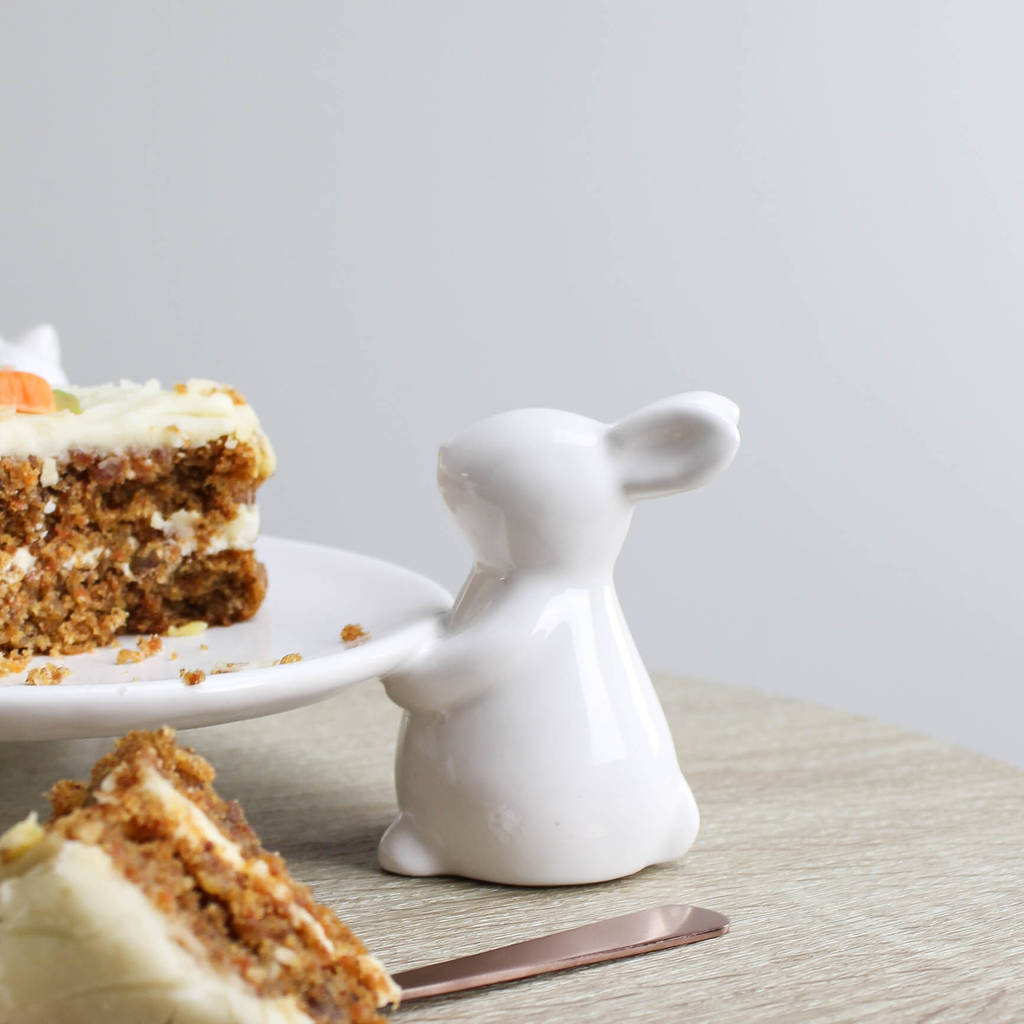 white ceramic three rabbits cake stand by marquis & dawe