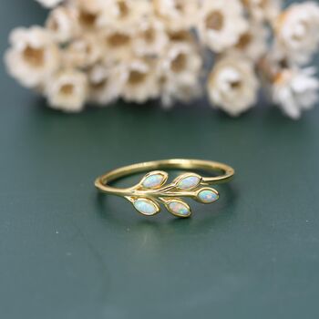 Sterling Silver Aqua Green Opal Olive Leaf Ring, 5 of 12