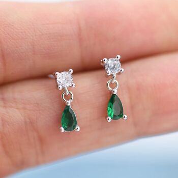 Emerald Green Cz Dangle Round Droplet Stud Earrings, 5 of 11