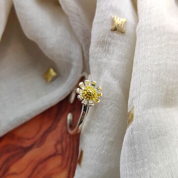 Minimal Tiny Silver Plated Sunflower Floral Ring, 5 of 7
