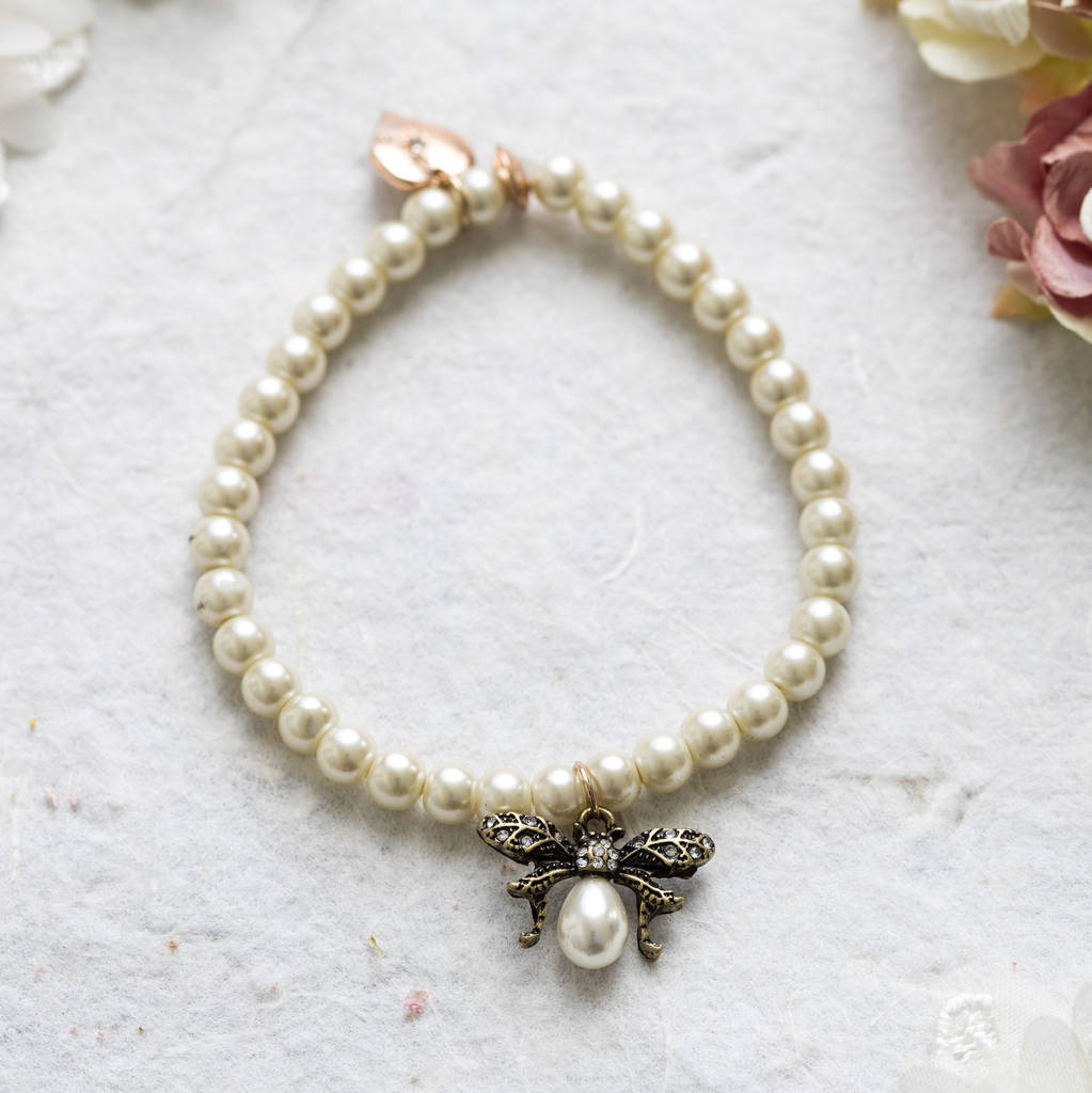 Simone Pearl Bracelet With Bee Charm By Lola & Alice