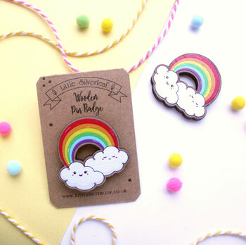 Rainbow Wooden Pin Badge With Cute Kawaii Clouds, 3 of 3