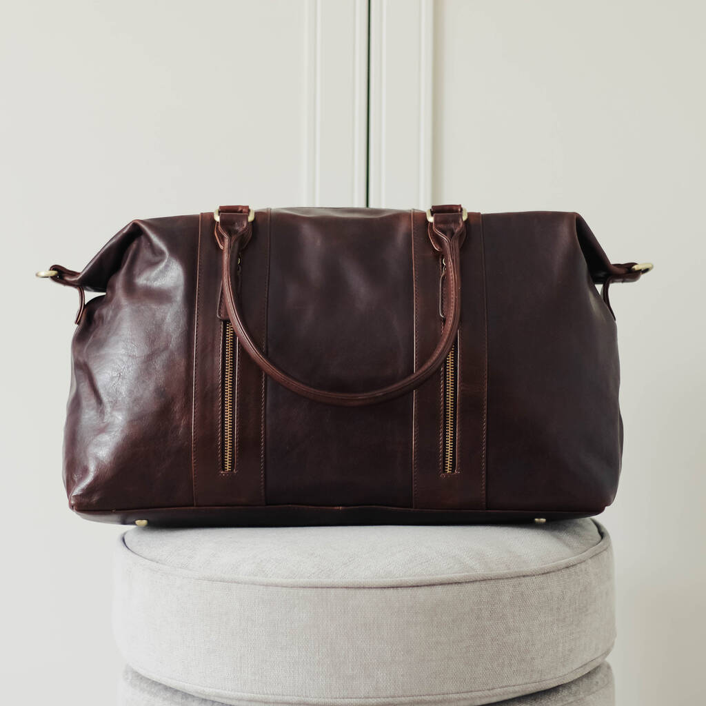 brown leather holdall bag