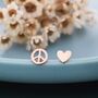 Tiny Mismatched Peace And Love Stud Earrings In Sterling Silver, thumbnail 3 of 12