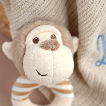 Personalised Beige Knitted Baby Blanket And Monkey Rattle Gift Set, 12 of 12