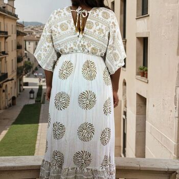 'Heather' White And Gold Indian Print Batwing Crepe Dress, 3 of 5