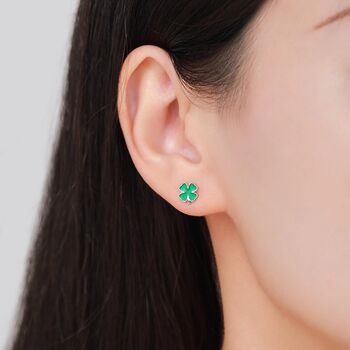 Sterling Silver Four Leaf Clover Enamel Stud Earrings, 7 of 12